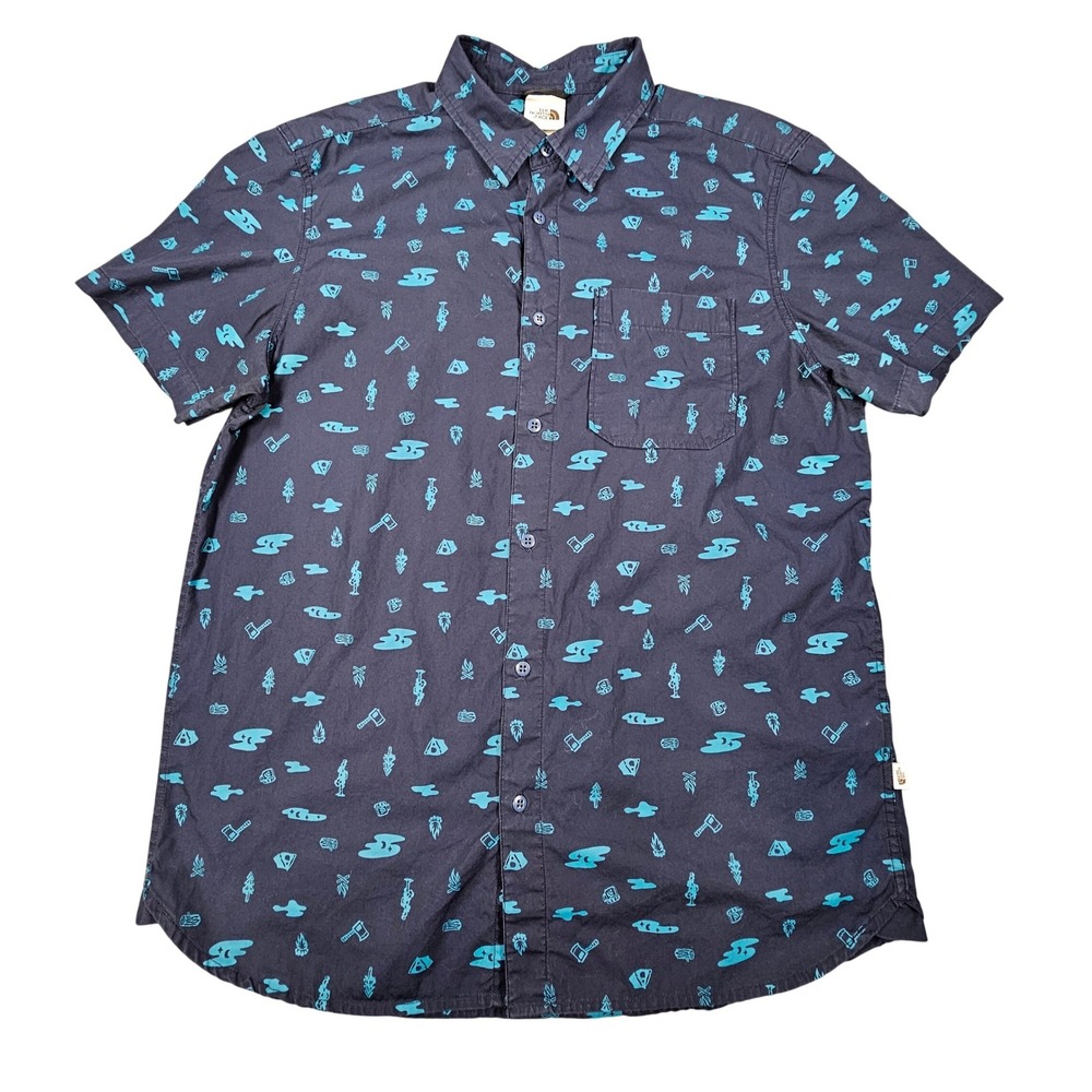 The North Face Mens XL Navy Blue Camping Print Short Sleeve Cotton Button Down
